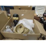 Single box of household items to include pepper mill, egg storage in the shape of a chicken, a