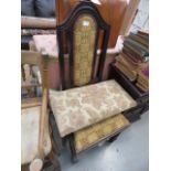 Dark wood dining chair with beige fabric and a matching piano stool