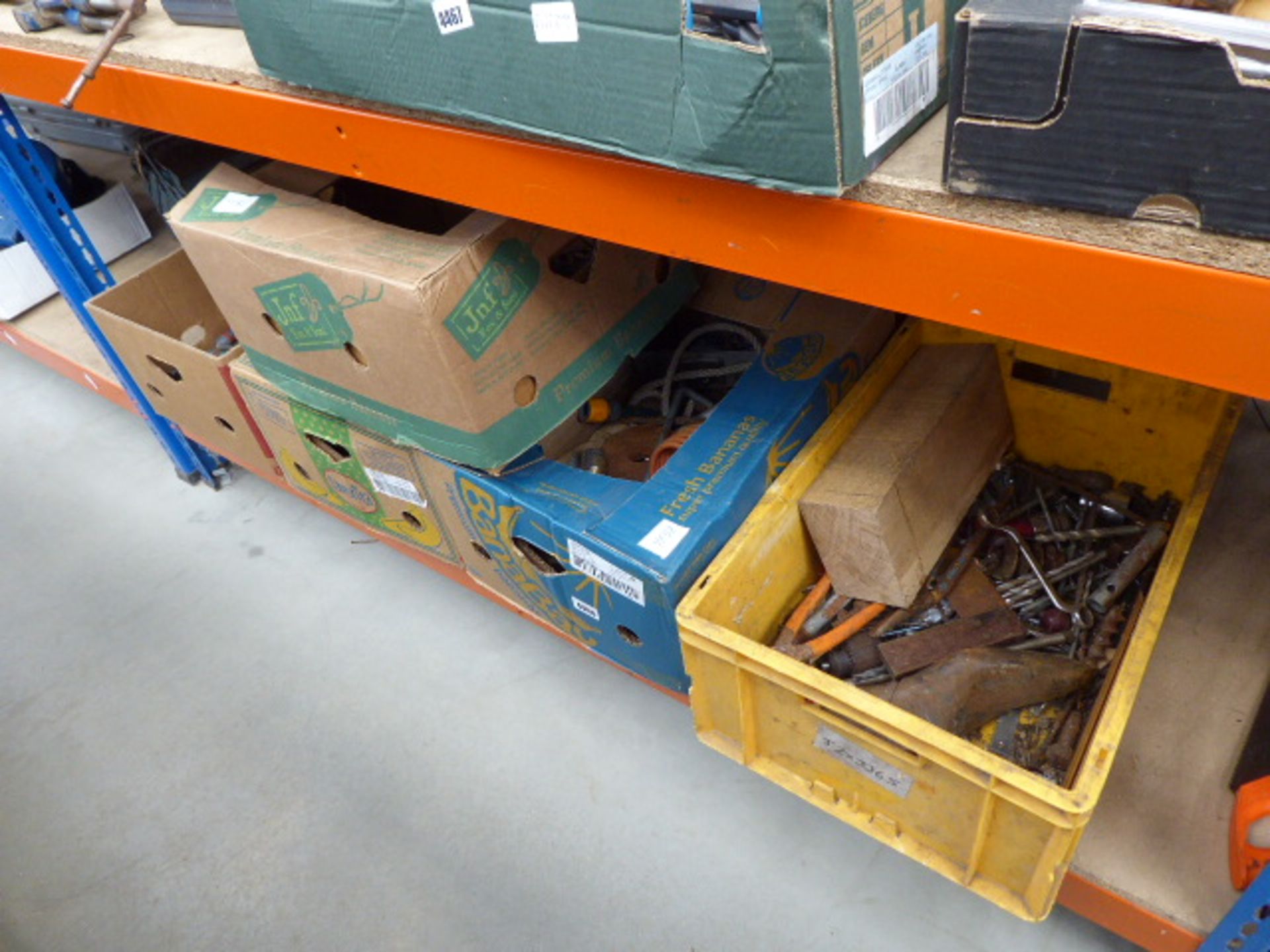 Six boxes of garage items including grease guns, screwdrivers, drills, cobblers lathes, nails etc