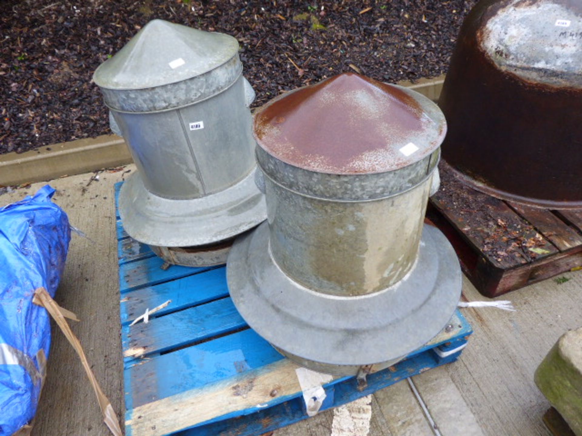 2 galvanised poultry feeders