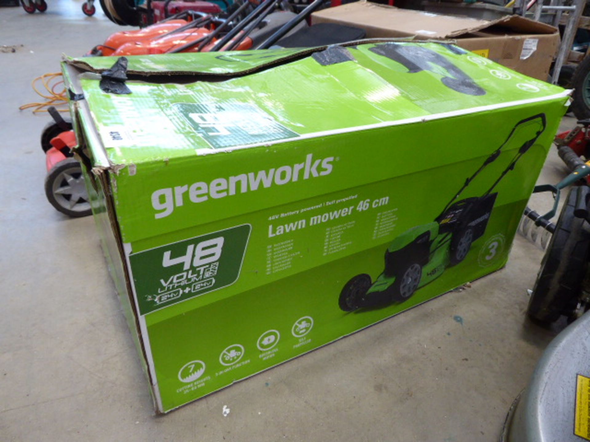 Boxed Greenworks 48v lithium powered rotary lawn mower