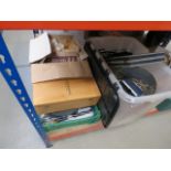 3 boxes containing cutlery set, shoes, camera, board games, silver plate, military cap, candles,