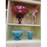 Three ornate coloured glass bowls, plus a glass milk jug