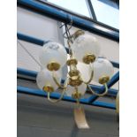 (3) Five branch brass ceiling light with etched glass shades
