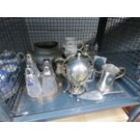 (3) Cage containing a quantity of silver plate plus sugar shakers and a pewter bowl