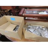 2 boxes containing loose cutlery, stainless steel and silver plate