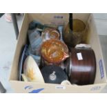 A box containing a dome topped mantel clock, an ice bucket, carnival glass and crockery