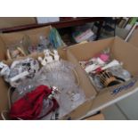 Three boxes containing glass table lamps, quantity of wine glasses, ornamental ship, ornamental