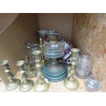 Cage with a quantity of silver plated trays, oil lamp, brass candlesticks, toast racks, biscuit