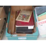 A box containing Coronation souvenir magazines, a cigarette card picture and a pedicure set