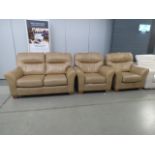 G Plan tan leather 3 piece suite of a 2 seater and 2 matching armchairs