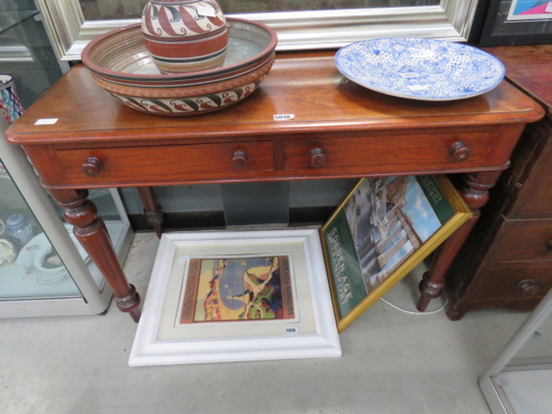 19th century mahogany writing table on tapered supports and 2 drawers