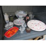 5713 - A cage containing a Poole Pottery tray, general crockery, a Canton patterned fruit bowl, plus