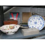 Cage containing a tea caddy, pewter clad cigarette box, general crockery and annuals