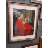 A framed and glazed print, lady in red dress with lyre