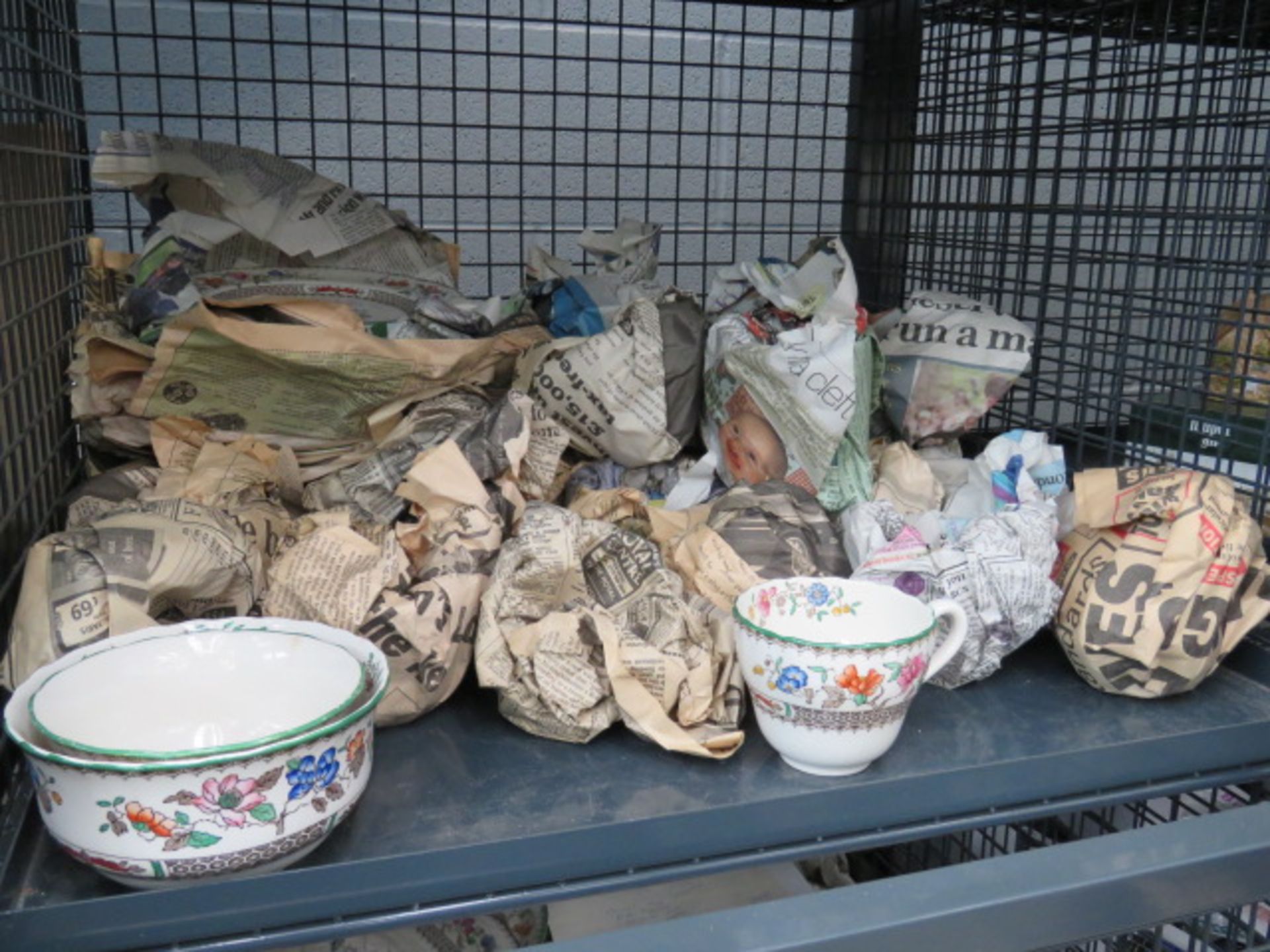 Cage containing a quantity of Copleand Spode Chinese rose patterned crockery