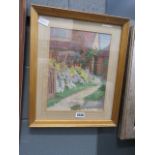 A framed and glazed watercolour of a country garden