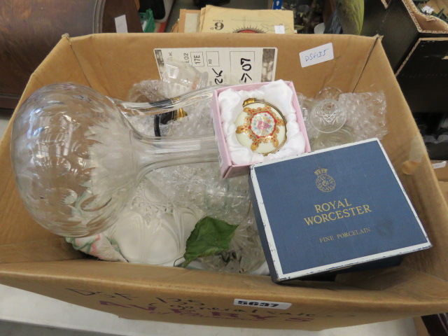 A box containing a claret jug, sherry glasses, Royal Worcester egg coddlers, trinket and pill boxes