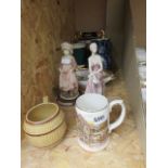Two ornamental ladies, coffee mugs, plus vases and a bowl