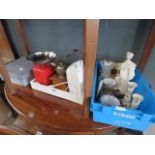 Coffee grinder, heater, kitchen scales, qty of gold rimmed glasses and candlesticks and figures