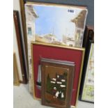 A quantity of picture frames, print with flowers in vase, oil on canvas, village lane, plus wall