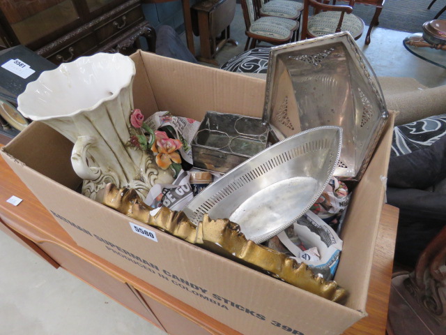 Box containing a silver plated, part cruet set, beersteins and ornate mirror and floral patterned