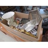 Box containing a silver plated, part cruet set, beersteins and ornate mirror and floral patterned