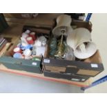 3 boxes containing table lamps, medicine bottles, floral decorated crockery, Wade piggy banks,