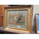 A watercolour of a ploughing team