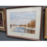 A watercolour of a salmon fishermanin snowy landscape