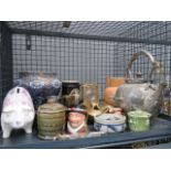 5686 - Cage containing a character jug, toasting fork, carriage clock, piggybank, silver plated