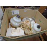 A box containing ceiling light shades and fittings