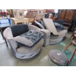 Brown and black suede effect cuddle chair plus and armchair and a qty of cushions