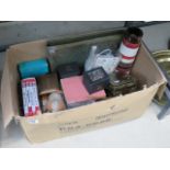 Box containing shaving sets, DVD's, ornamental tin, buckles, beer stein, coffee mugs and a