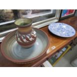 3 assorted pieces of china to include a large blue and white plate and a washbowl and jug