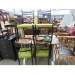 Contemporary design dining table in teak on black supports and brass feet with 6 matching chairs