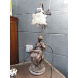 Modern table lamp in the form of a seated lady with an opaque glass shade
