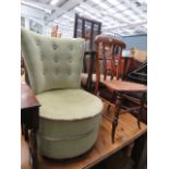 A green fabric button back nursing chair, plus a Bergere backed armchair and a beech chair with