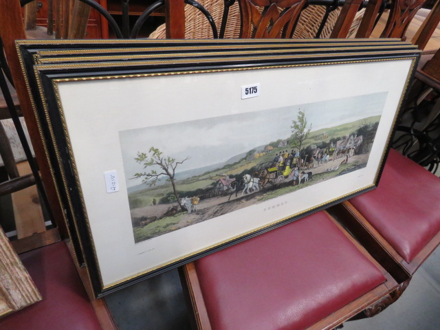 Four framed and glazed prints of coaching parties in the four seasons