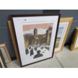 Two framed and glazed prints, horses & jockeys, plus city winter scene entitled 'Friday 5th'