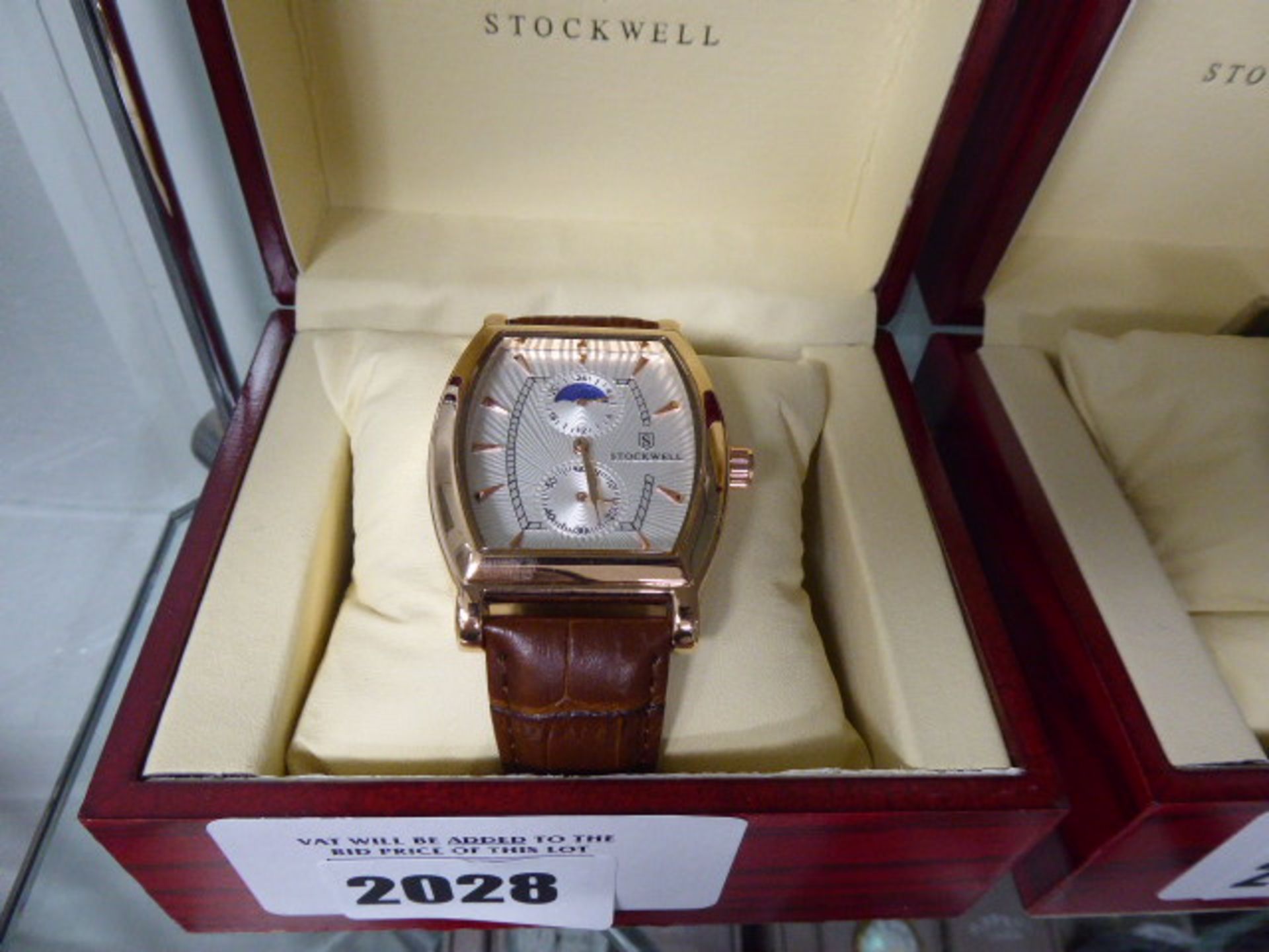 Stockwell moon face style gents wristwatch with brown leather strap and case