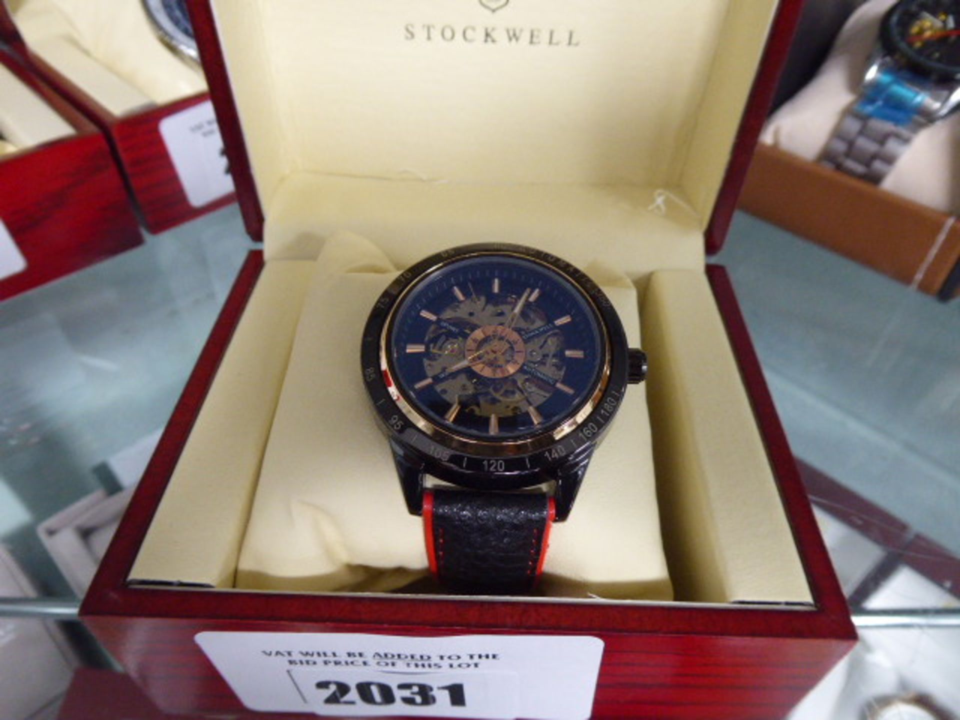 Stockwell Sport automatic open dial wristwatch with black leather strap and box