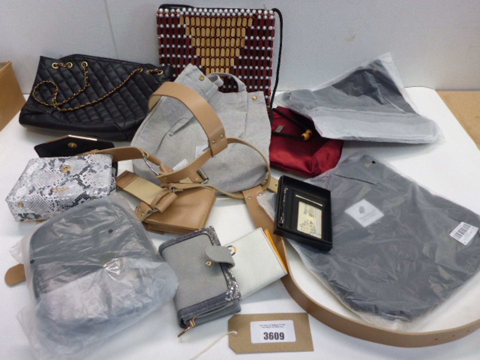 Selection of handbags, backpacks, purse, wallet etc