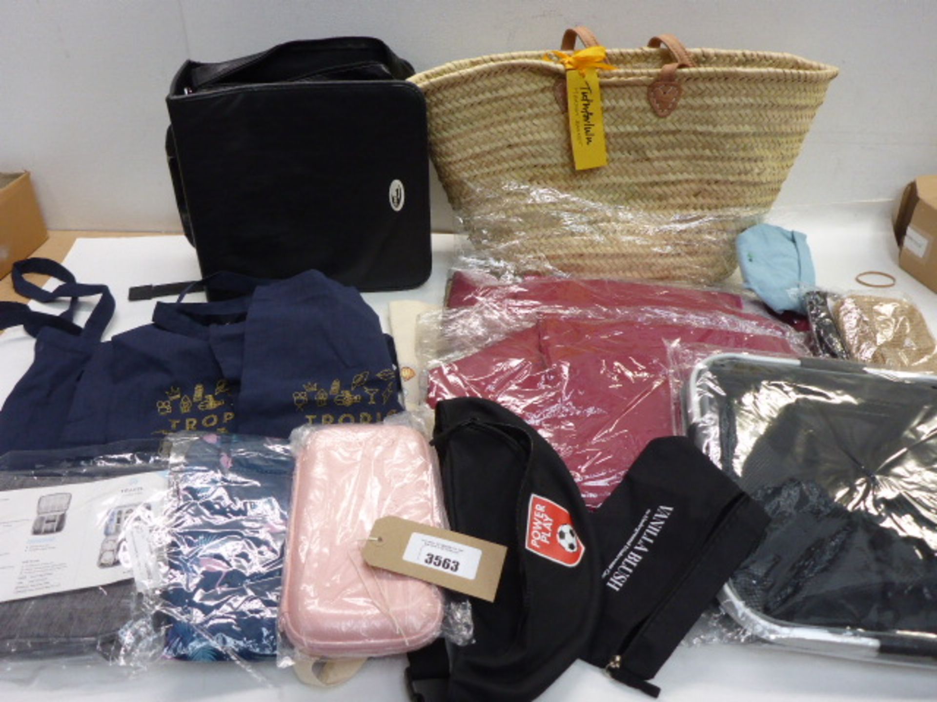 Straw basket, CD holder, tote & travel bags, holdalls etc