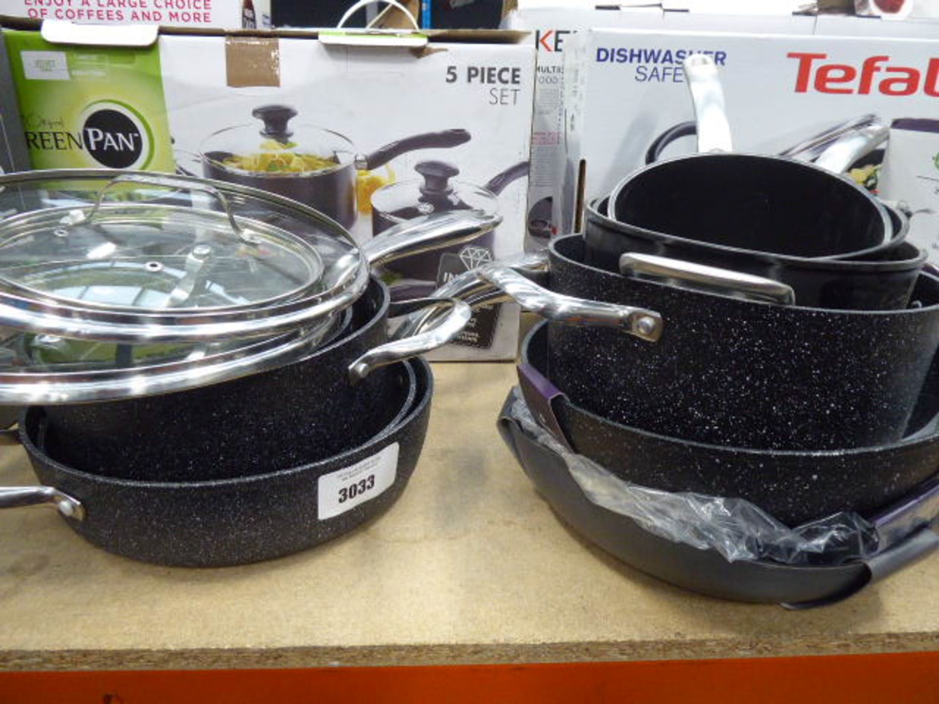 Qty of loose Starfrit pans plus a boxed Tefal saute pan and a box of green pans