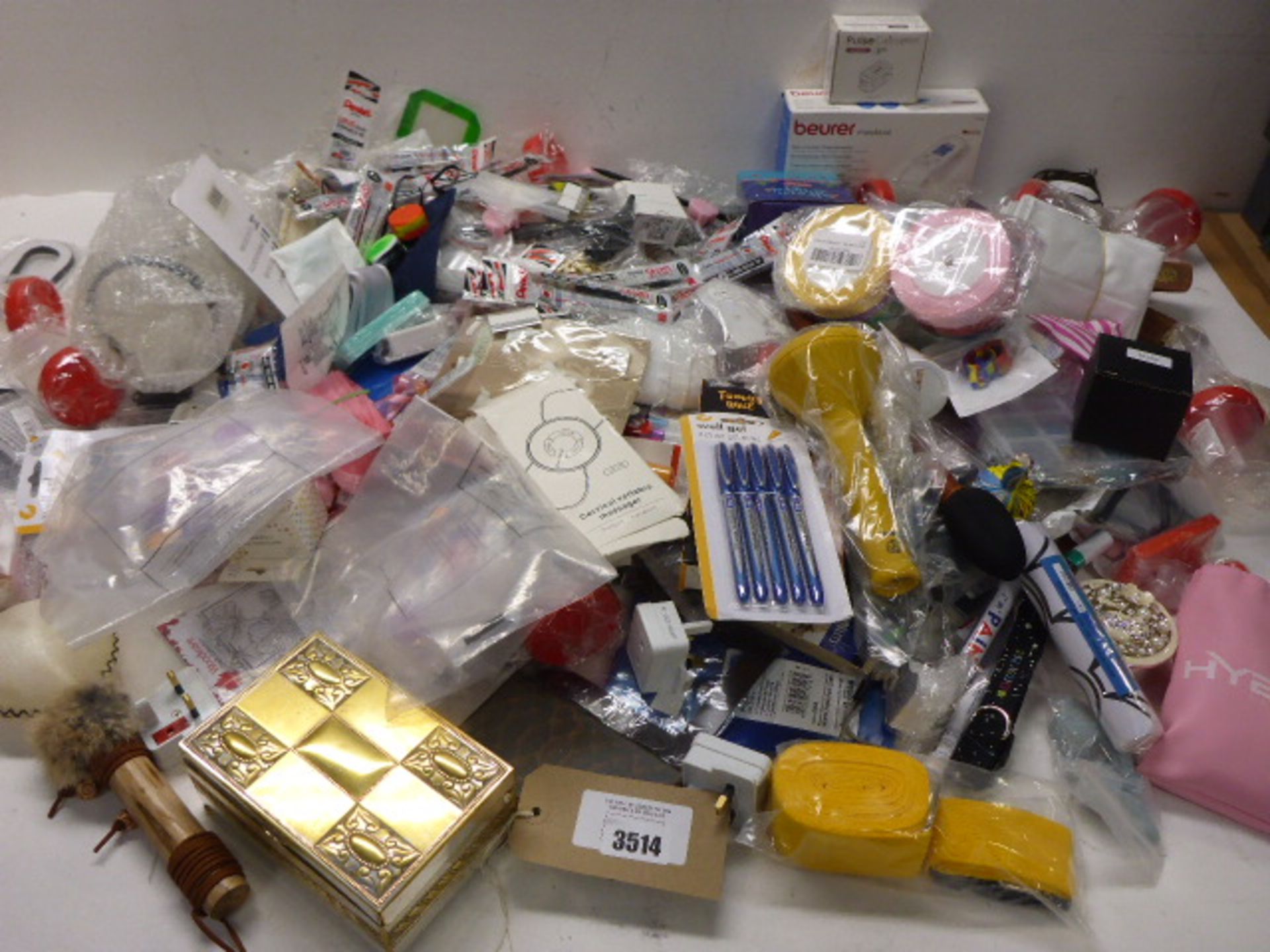 Large bag of household sundries including travel adapters, trinket box, Pulse Oximeter, Non