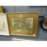 (9) Framed and glazed watercolour of a Shepherd in oak woodland, by Harrison Smythe