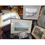 A quantity of engravings and prints, to include: view of a town, mare and foal, watercolour of docks