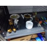 Cage cont. ornamental dog and bird figures, coasters, coffee pot etc.