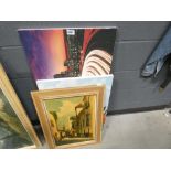 Quantity of paintings and prints to include village scene, still life with flowers, bird and